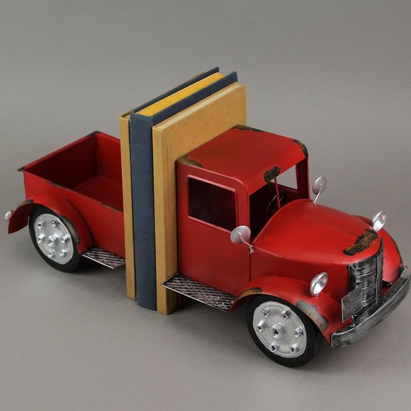 Vintage Red Pickup Truck Weathered Finish Metal Bookends Front and Back - Picture 1 of 4